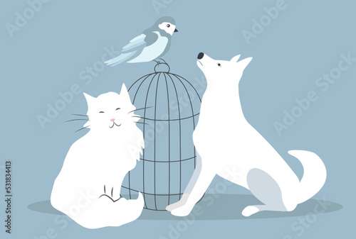 vector illustration in a flat style on the theme of pets. a cat  a dog  and a bird 