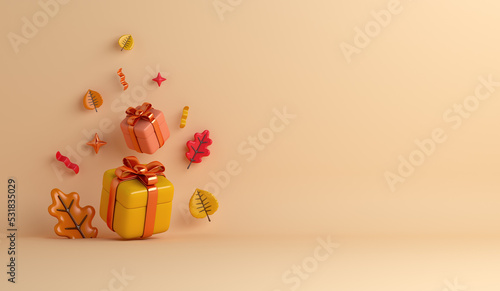 Autumn decoration background with orange leaves, gift box, copy space text, 3d rendering illustration