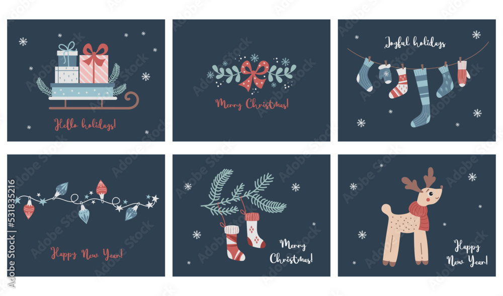 Naklejka premium Vector set of Christmas and Happy New Year illustration postcards. design horizontal templates. Sleigh with gifts, Christmas sock, garland and deer. Xmas and New 2023 Year celebration preparation