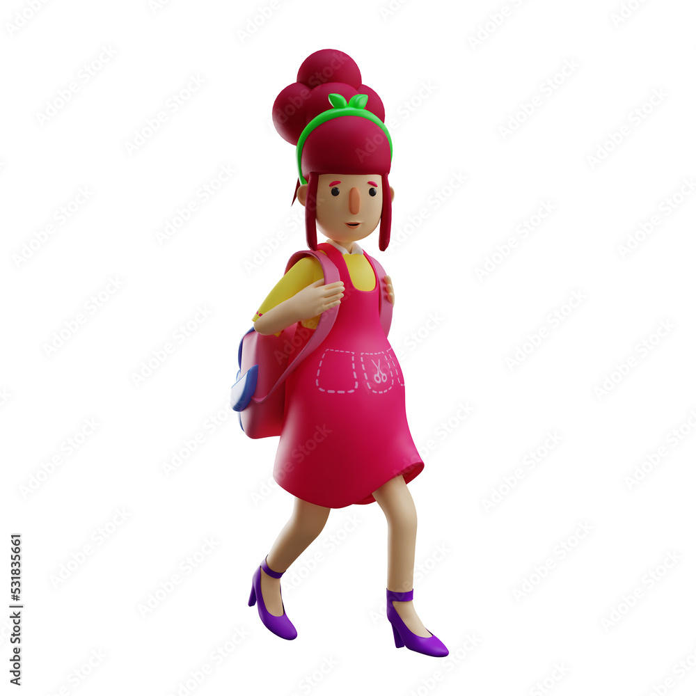 3D illustration. 3D Mother cartoon carrying a pink backpack. walked in saying hello. with a smiling facial expression. 3D Cartoon Characters. 3D Cartoon Characters 3D illustration. 3D Mother cartoon carrying a pink backpack. walked in saying hello. with a smiling facial expression. 3D Cartoon Characters. 3D Cartoon Characters