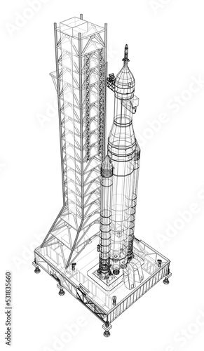 Space Rocket on launch pad. Vector rendering of 3d