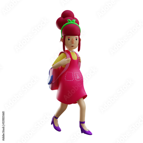 3D illustration. 3D Mother cartoon carrying a pink backpack. walked in saying hello. with a smiling facial expression. 3D Cartoon Characters. 3D Cartoon Characters