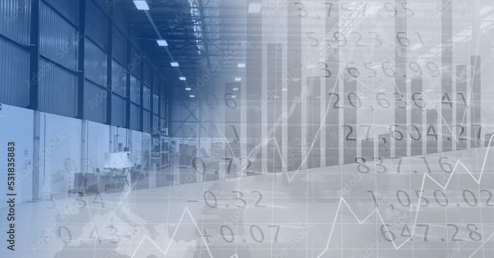 Digital illustration of data processing over an empty warehouse