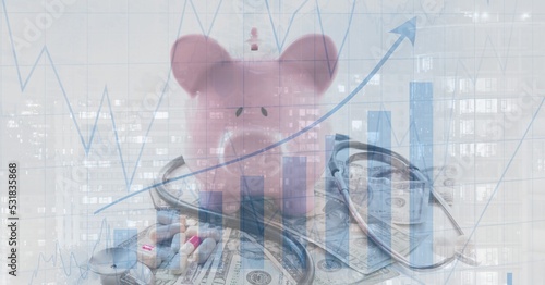 Digital illustration of a piggy bank standing on American dollar And graphs