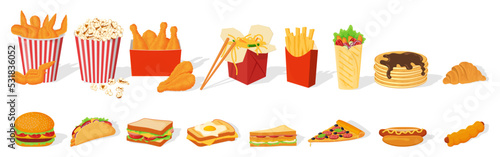A set of fast food.Shawarma, hot dog, pizza,sandwiches,popcorn,ice cream, wings, thighs and croissant.Street food.Vector illustration on a white background