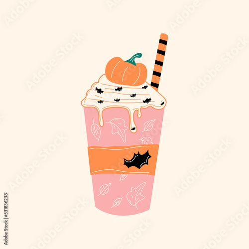 Cute vector illustration of pumpkin spice latte with cute pumpkin in foam. Hand drawn. All elements are isolated