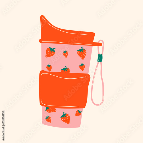 Vintage thermos cup. Pink Thermos  Chinese retro thermo Flask. Cute strawberries print on the side. Hand drawn colorful Vector isolated illustration. Cartoon style