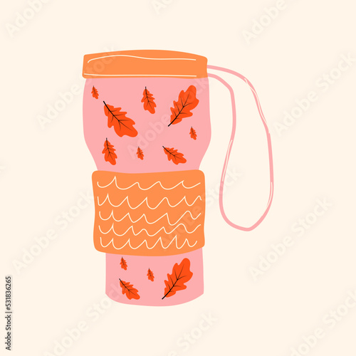 Vintage thermos cup. Pink Thermos  Chinese retro thermo Flask. Cute leaves print on the side. Hand drawn colorful Vector isolated illustration. Cartoon style