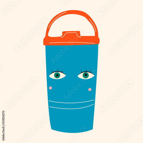 Vintage thermos cup. Blue Thermos  Chinese retro thermo Flask. Cute eyes print on the side. Hand drawn colorful Vector isolated illustration. Cartoon style