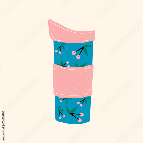 Vintage thermos cup. Blue Thermos  Chinese retro thermo Flask. Cute cherries print on the side. Hand drawn colorful Vector isolated illustration. Cartoon style