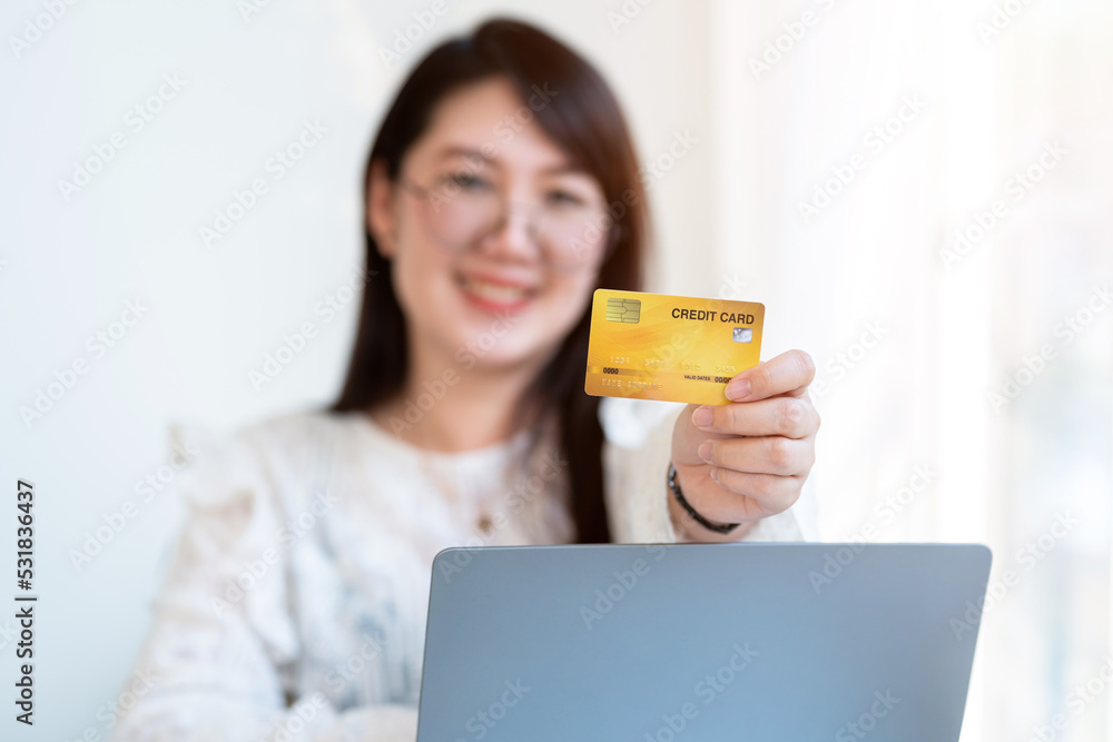 freelance people business female casual Abstract blur with focus on show holding a credit card working with laptop computer in coffee shop like the background,for online shopping and payment freelance people business female casual Abstract blur with focus on show holding a credit card working with laptop computer in coffee shop like the background,for online shopping and payment