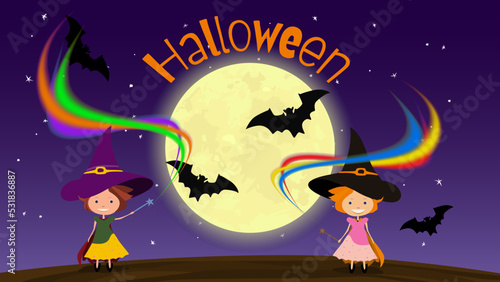 Halloween banner with two witches with magic wands and bats on background of moon, dark blue background with stars. Vector.