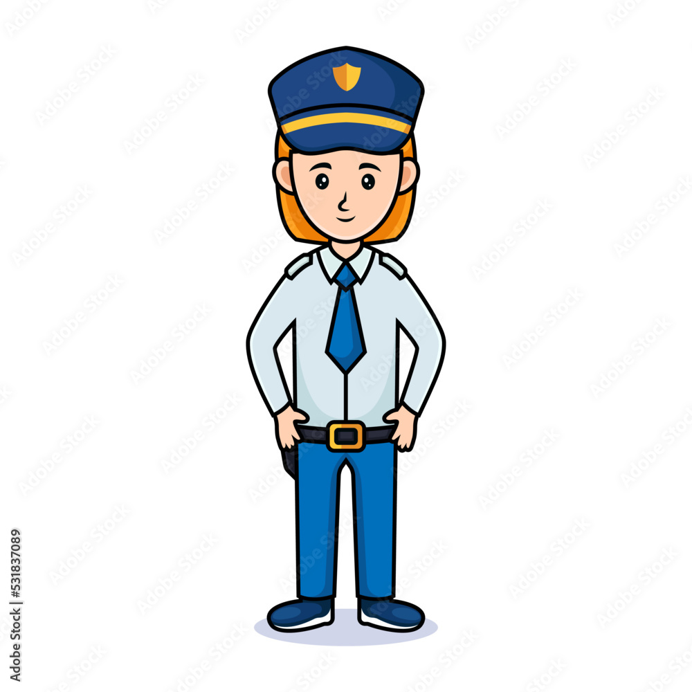 cartoon girl with hat. Friendly beautiful women in police uniform