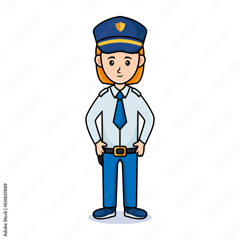 cartoon girl with hat. Friendly beautiful women in police uniform cartoon girl with hat. Friendly beautiful women in police uniform