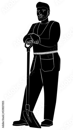 Silhouette of man in work overalls stands leaning on shovel, isolated on white. Design element.