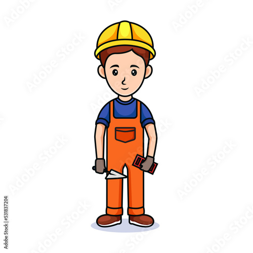 cartoon guy with hat. Friendly handsome man in construction clothes, holding a brick and building tools shovel © twinklepicture