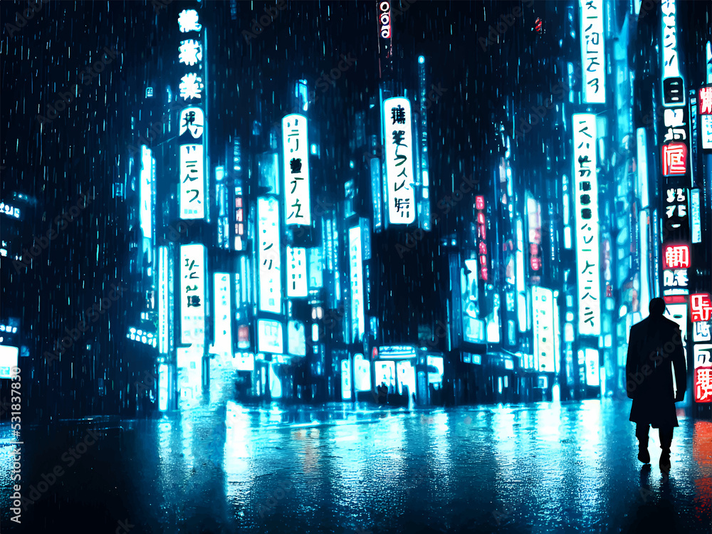 Tokyo raining season in the night. Japanese cyberpunk futuristic city ...