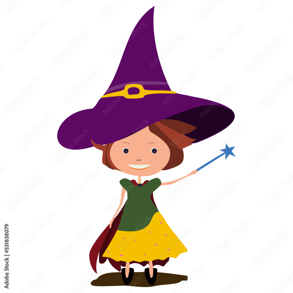 Girl sorceress in dress and witches hat and magic wand in hand isolated on white background. Cartoon flat style. Design element.