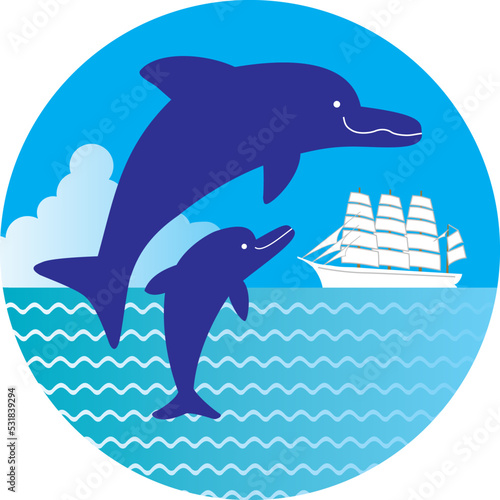 帆船とイルカ
