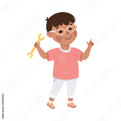 Cute Little Boy in Glasses Holding Wrench Construction Tool Vector Illustration