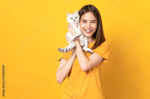 Studio shot of cheerful beautiful Asian Woman hands holding a small white kitten with black stripes  of the Scottish fold breed on orange background.