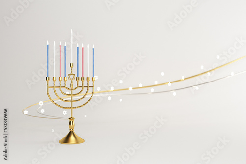 3d rendering Image of Jewish holiday Hanukkah with menorah or traditional Candelabra on a  white background.