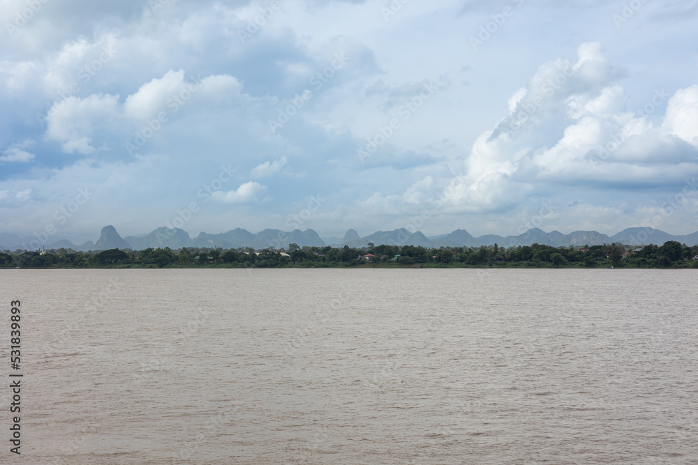 beautiful large and wide Mekong river in Southeast Asia, Mae Khong river view split between Thai Lao border line landscape