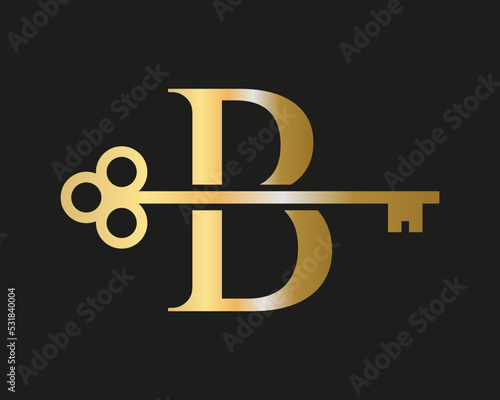 Letter B Real Estate Logo Concept With Home Lock Key Vector Template. Luxury Home Logo Key Sign