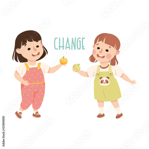 Little Girl Changing Apples Demonstrating Vocabulary and Verb Studying Vector Illustration