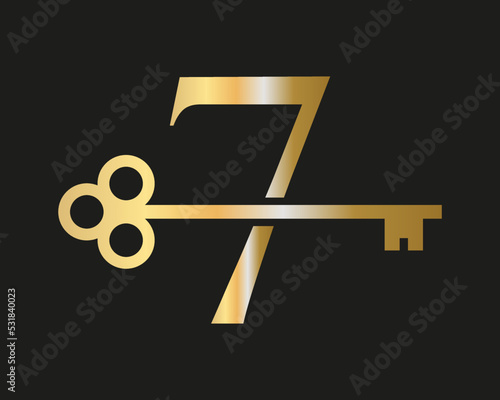 Letter 7 Real Estate Logo Concept With Home Lock Key Vector Template. Luxury Home Logo Key Sign