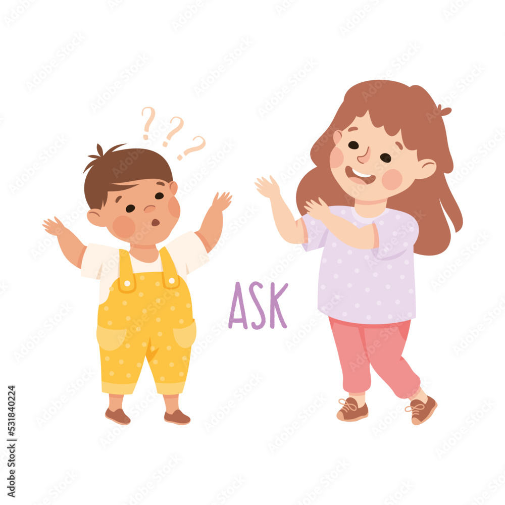 Little Boy Asking Girl Question Demonstrating Vocabulary and Verb Studying Vector Illustration