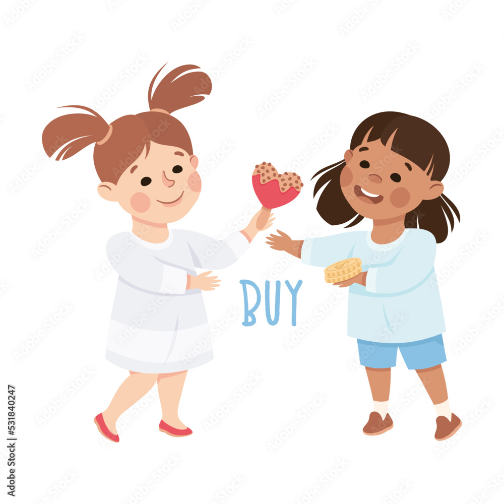 Little Girl Buying Candy on Stick Demonstrating Vocabulary and Verb Studying Vector Illustration