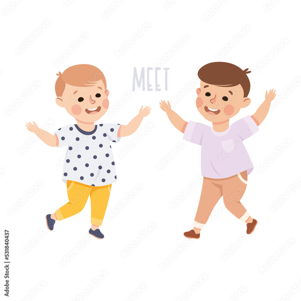 Little Boy Friends Meeting Together Demonstrating Vocabulary and Verb Studying Vector Illustration