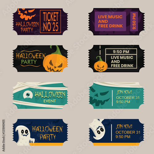 Happy Halloween party flyer template design. All hallow night posters in scary cartoon style. All holy holiday club event admission or admission ticket layout. Vector illustration