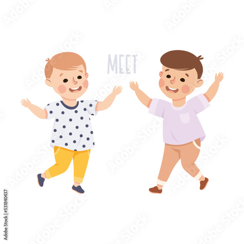 Little Boy Friends Meeting Together Demonstrating Vocabulary and Verb Studying Vector Illustration