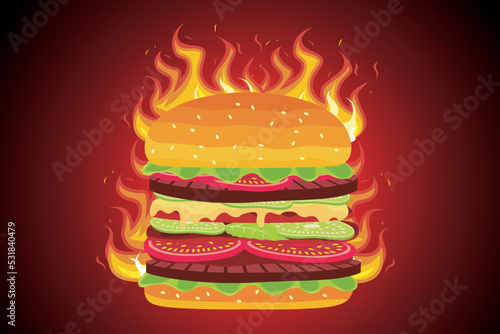 Burger vector. Hot spicy hamburger. Fast food. Hamburger illustration on blazing fire background