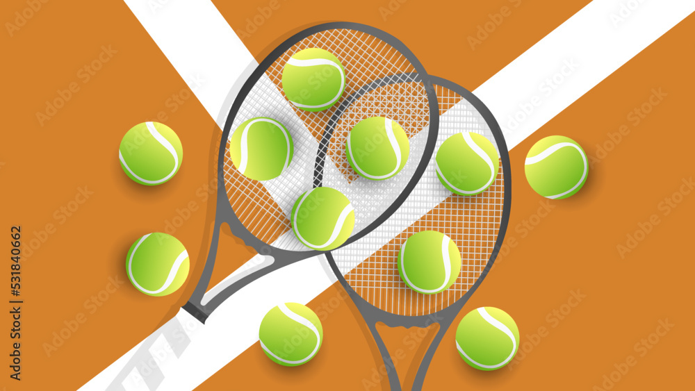 Tennis ball on Tennis racket on the white line clay court tennis , Illustrations for use in online sporting events , Illustration Vector  EPS 10