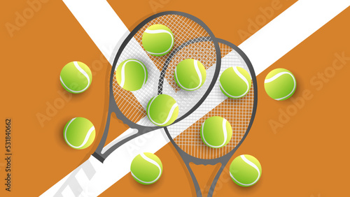 Tennis ball on Tennis racket on the white line clay court tennis , Illustrations for use in online sporting events , Illustration Vector EPS 10 © NARANAT STUDIO