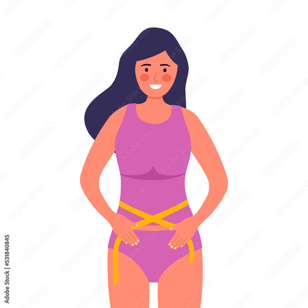 Weight loss concept vector illustration. Woman with slim shape in flat design on white background. Weight loss concept vector illustration. Woman with slim shape in flat design on white background.