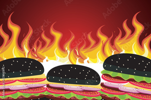 Hot spicy hamburger. Fast food. Hamburger illustration on blazing fire background