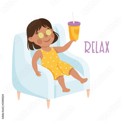 Little Girl Relaxing in Armchair with Soda Drink Demonstrating Vocabulary and Verb Studying Vector Illustration