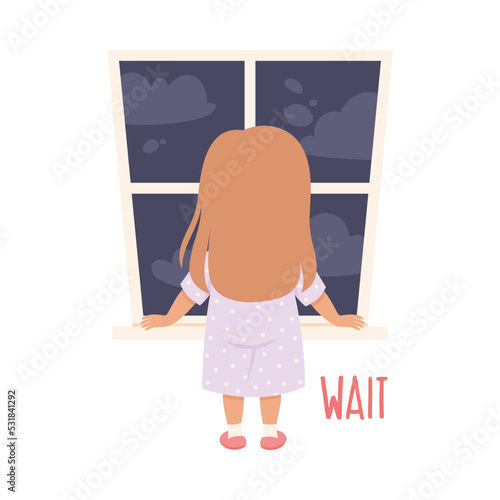 Little Girl Waiting Standing Near Window Demonstrating Vocabulary and Verb Studying Vector Illustration