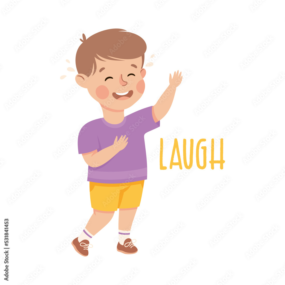 Little Boy Laughing Demonstrating Vocabulary and Verb Studying Vector Illustration