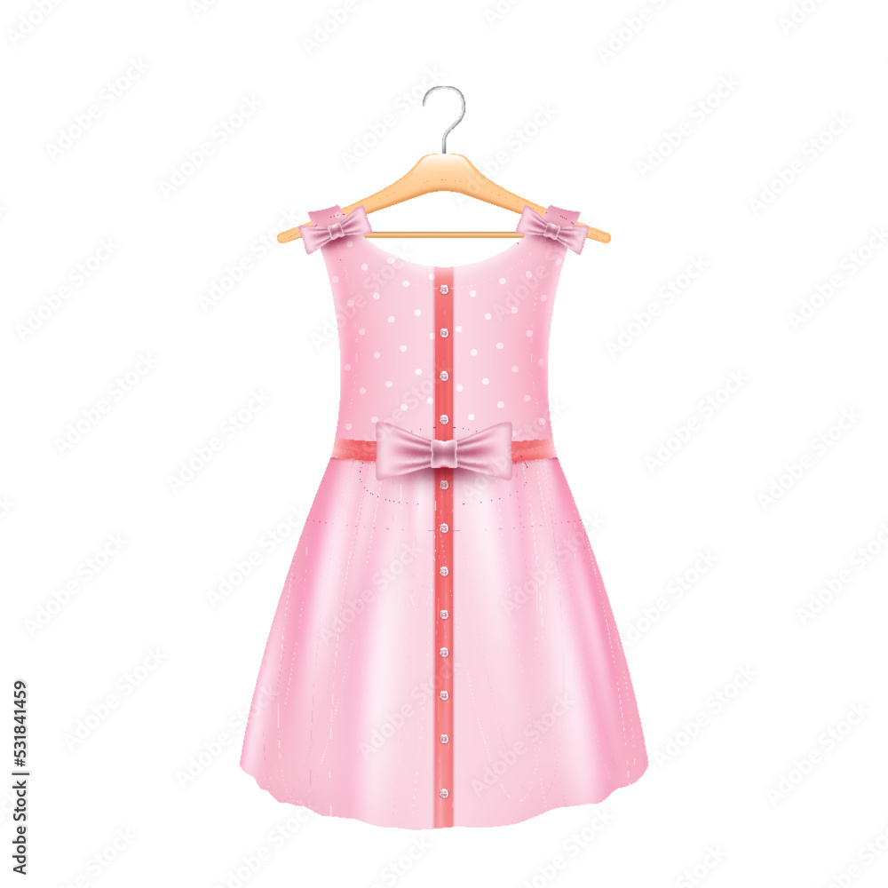 Pink dress for baby girl hanging on hanger isolated. Cute apparel for small kid, festive occasion