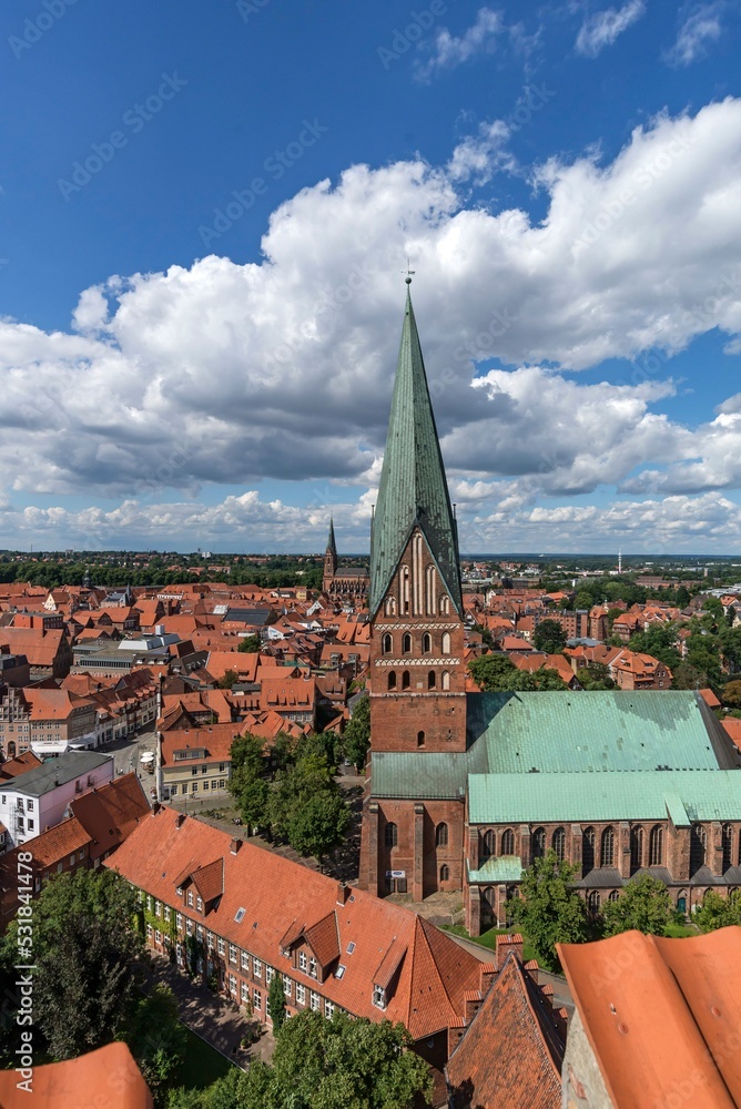 View from the former water tower to the old town with St. Johanniskirche, Lueneburg, Lower Saxony, Germany, Europe