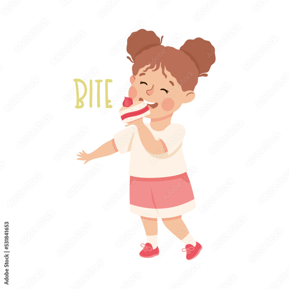 Little Girl Biting Cake Demonstrating Vocabulary and Verb Studying Vector Illustration Little Girl Biting Cake Demonstrating Vocabulary and Verb Studying Vector Illustration