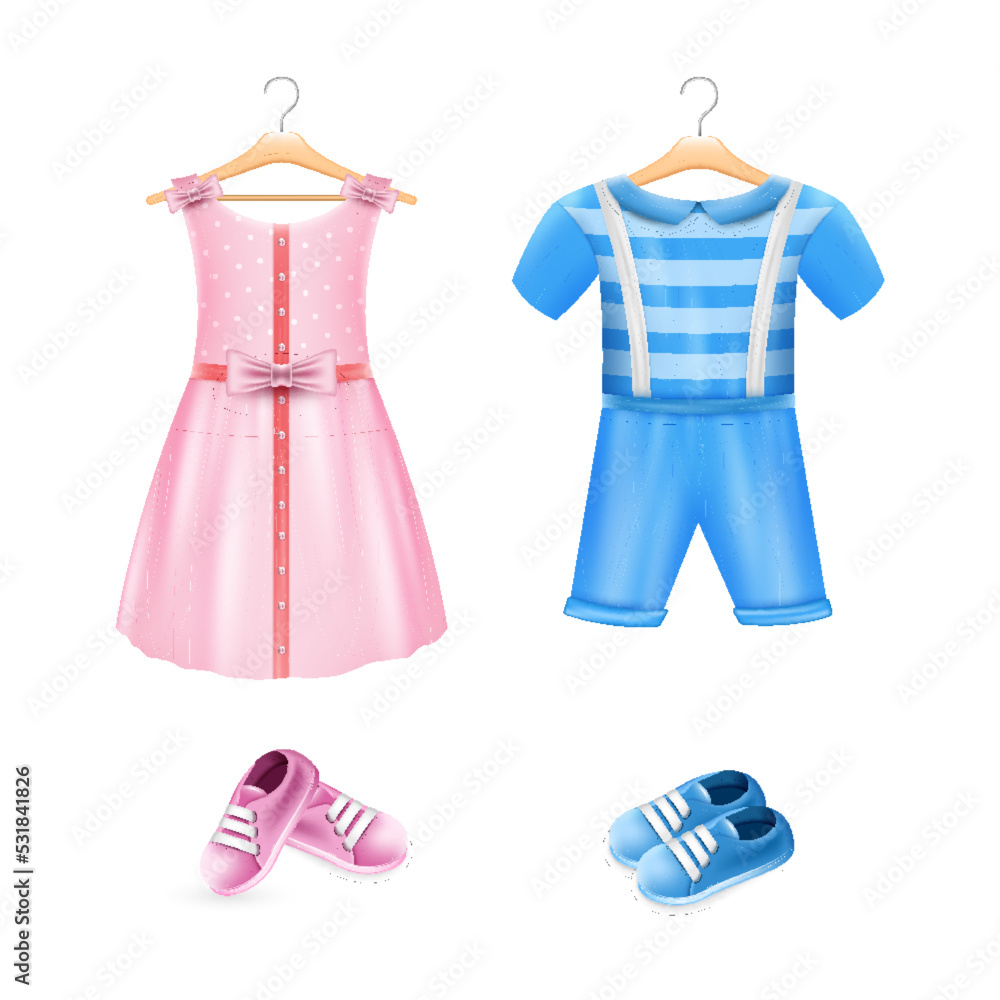 Clothes for baby boy and girl. Realistic pink dress, blue romper and shoes for infant kid Clothes for baby boy and girl. Realistic pink dress, blue romper and shoes for infant kid