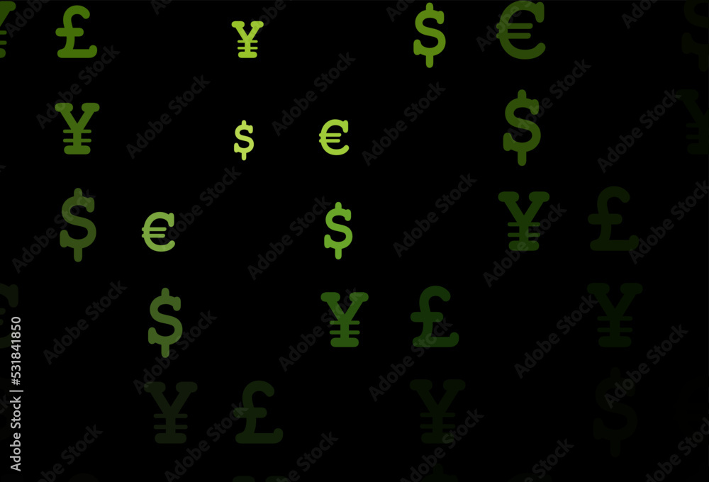 Dark green vector template with EUR, USD, GBP, JPY.