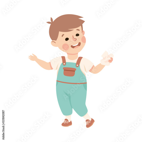Little Boy with Crumpled Paper Collecting Garbage Vector Illustration