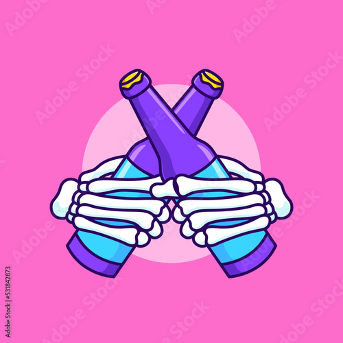 two bottles of beer toast vector illustration. cheers hand skeleton